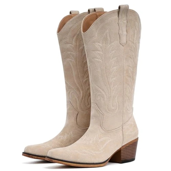 Fioralie Suede Cowboy Boots for Women Western Mid Calf Cowgirl Boots with Embroidered, Retro Snip Toe Fashion Boot With Chunky Block Heel Summer Fall Country Music Festival Cowboy Chic by Fioralie - Used - Very Good condition