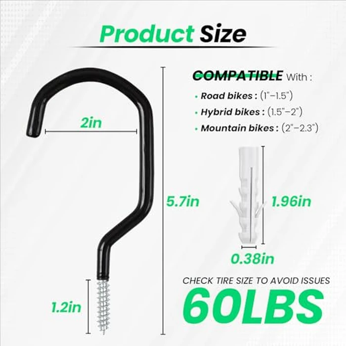 Etoolia 6 Pack Heavy Duty Garage Bike Storage and Utility Hooks-5.7 Inches for Garage Wall and Ceiling-Garage Hooks for Hanging Bicycle,Hose,Cords,and Garden Tools by Etoolia - Image 2