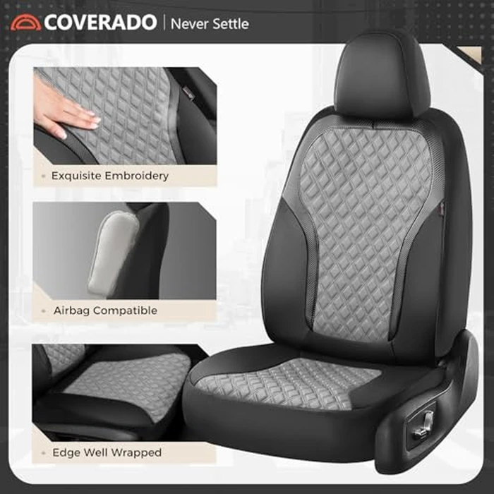 Coverado Car Seat Covers for Front Seats, Luxury Leather Car Seat Cover with Carbon Fiber Weave, Waterproof Automotive Seat Protectors 2-Pack, Driver Seat Covers Universal Fit Most Cars, Black&Gray by Coverado - Image 3