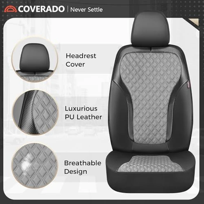 Coverado Car Seat Covers for Front Seats, Luxury Leather Car Seat Cover with Carbon Fiber Weave, Waterproof Automotive Seat Protectors 2-Pack, Driver Seat Covers Universal Fit Most Cars, Black&Gray by Coverado - Image 5