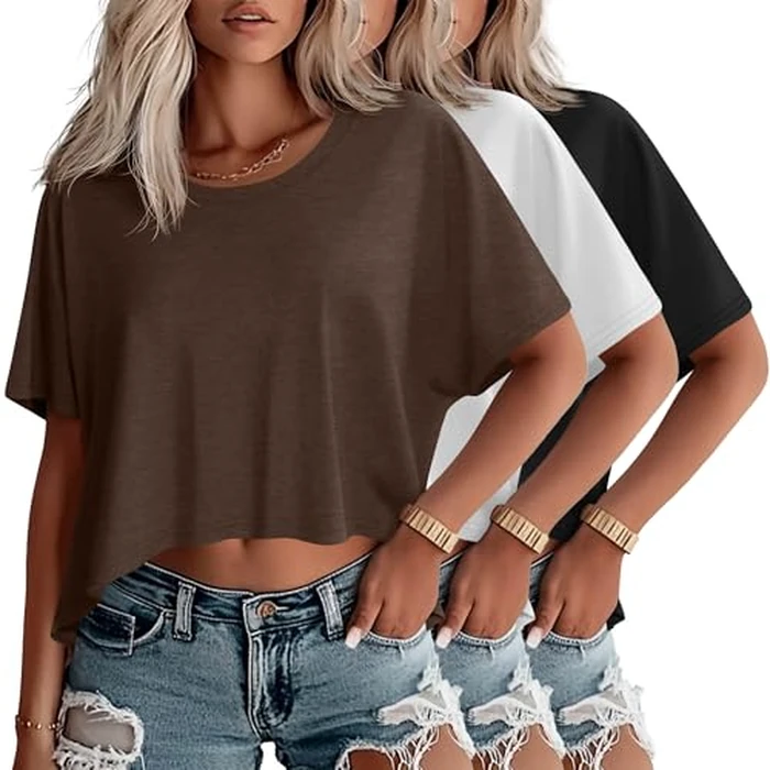 Huukeay 3 Pack Women's Oversized Cropped T Shirts Short Sleeve Baggy Crop Tops Crew Neck Flowy Loose Workout Tops(S,Coffee, White, Black) by Huukeay - Used - Like New condition - US$32.33