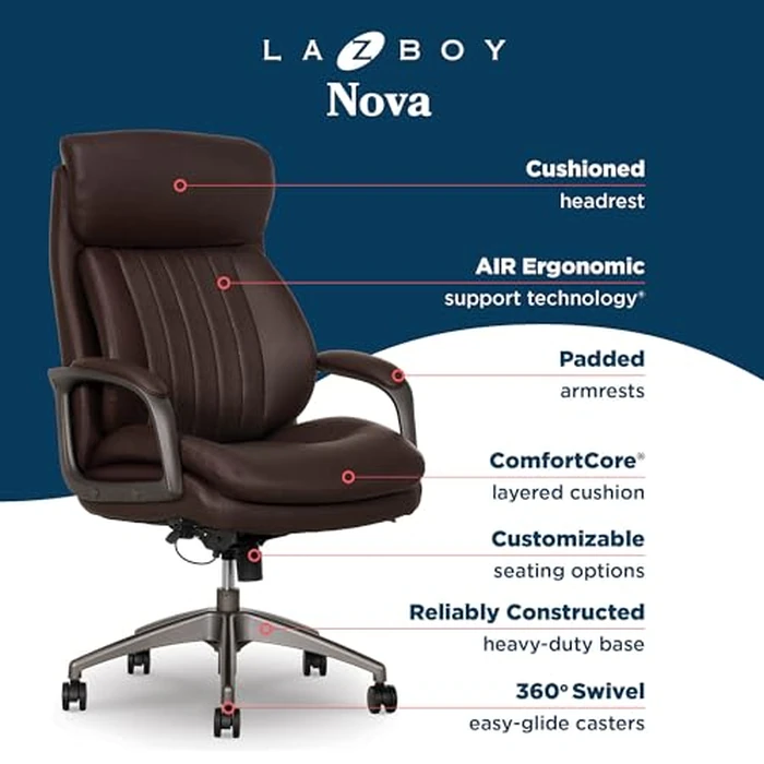 La-Z-Boy Nova Executive Office Chair - Ergonomic High Back Desk Chair with AIR Lumbar Support - Comfortable ComputerChair for Home Office - Vegan Leather - Brown by La-Z-Boy - Image 3