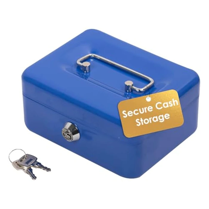 Desk Tech Heavy-Duty Metal Cash Box with Lock, 6-Slot Removable Tray, Portable Safe Box for Office Desk, School, Small Business, and Yard Sale, 6" L x 2.5" H x 4.5" W, Blue by OfficeWorks - Image 1