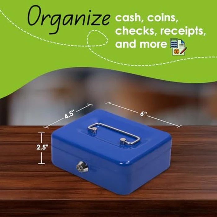 Desk Tech Heavy-Duty Metal Cash Box with Lock, 6-Slot Removable Tray, Portable Safe Box for Office Desk, School, Small Business, and Yard Sale, 6" L x 2.5" H x 4.5" W, Blue by OfficeWorks - Image 2