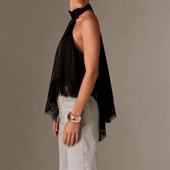 Women Y2k Mock Neck Halter Top Satin Lace Asymmetrical Hem Tank Tops Sleeveless Elegant Going Out Crop Top (Halter Black,S) by Leyajedol - Image 2