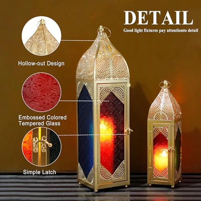TRIROCKS Set of 2 Moroccan Candle Lanterns 23''&15.5'' H Decorative Candle Holder Hanging Lanterns with Embossed Colored Tempered Glass Ramadan Decorations for Home Outdoor Indoor Patio Weddings(Gold) by TRIROCKS - Image 2