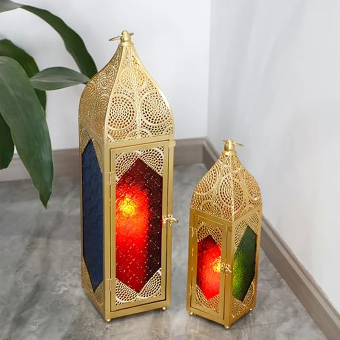 TRIROCKS Set of 2 Moroccan Candle Lanterns 23''&15.5'' H Decorative Candle Holder Hanging Lanterns with Embossed Colored Tempered Glass Ramadan Decorations for Home Outdoor Indoor Patio Weddings(Gold) by TRIROCKS - Image 5