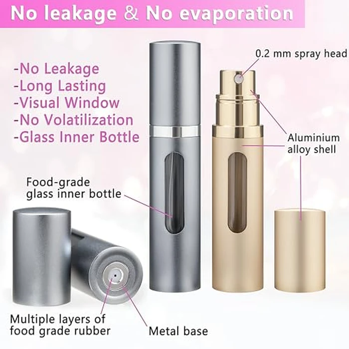 Travel Perfume Refillable Bottle Atomizer - Qavhun 2-Pack 5ml Leakproof Refillable Perfume Bottle, Fragrance Atomizer (Grey & Gold) by Qavhun - Image 3