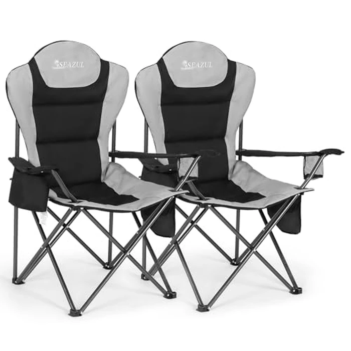 Camping Chairs for Adults, Heavy Duty Camping Chairs 2 Pack, Folding Chairs for Outside, Support 380 LBS, Portable Travel Outdoor Camp Chair with Cup Holder & Cooler Bag, Sports Chairs for Baseball by Seazul - Used - Very Good condition - US$69.99