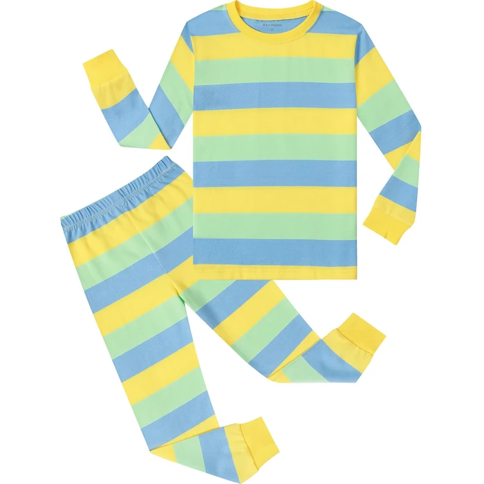 A&J DESIGN Toddler Boys Easter Pajamas Striped Long Sleeve Matching PJs for Siblings Soft Cotton Stretch Kids Yellow Green and Blue Striped Shirt and Pants Outfit 5T by A&J DESIGN - Used - Very Good condition