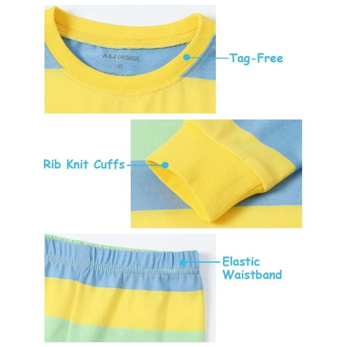 A&J DESIGN Toddler Boys Easter Pajamas Striped Long Sleeve Matching PJs for Siblings Soft Cotton Stretch Kids Yellow Green and Blue Striped Shirt and Pants Outfit 5T by A&J DESIGN - Image 2