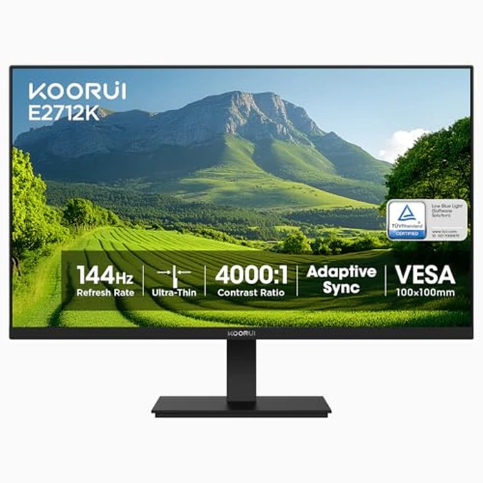 KOORUI 27 Inch Gaming Office Monitor 144Hz VA Display 4000:1 Contrast Ratio, FreeSync FHD 1080P, Eye Care TÜV Rheinland Certified, Slim Bezels, HDMI VGA Ports, Ergonomic Tilt, VESA Mount, Black by KOORUI - Used - Like New condition
