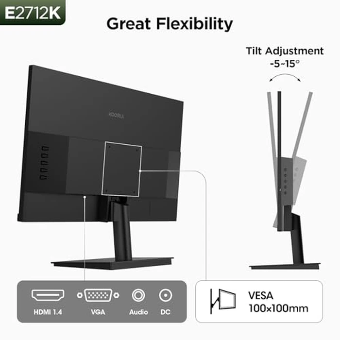 KOORUI 27 Inch Gaming Office Monitor 144Hz VA Display 4000:1 Contrast Ratio, FreeSync FHD 1080P, Eye Care TÜV Rheinland Certified, Slim Bezels, HDMI VGA Ports, Ergonomic Tilt, VESA Mount, Black by KOORUI - Image 7