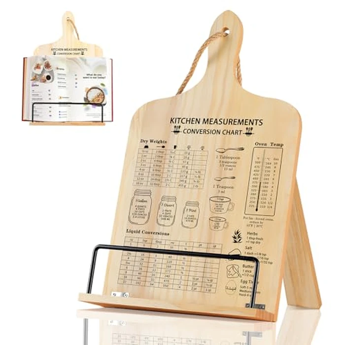 comfoyar Cookbook Stand for Kitchen Counter, Sturdy Recipe Book Holder with Adjustable Angle, Foldable Wood Cook Book Stand Holder with Measurement Conversion Chart for Cooking, Easy Storage by comfoyar - Used - Acceptable condition - CA$17.99