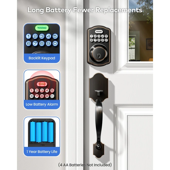 TEEHO TK001H Keyless Entry Door Lock with Handle Set, Electronic Deadbolt Keypad Door Lock with Code, Smart Locks for Front Door, Exterior Door Handle, Auto-Lock, Easy to Install, Oil-Rubbed Bronze by TEEHO - Image 8