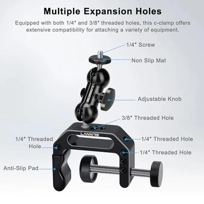 Lanxire Camera Clamp Mount C Clamp with Magic Arm - Perfect for Fence, Desk, Tripod, Monitor, Light, GoPro, Insta360, DSLR - Essential Tool for Outdoor Projects, Broadcasting, Photography by LANXIRE - Image 2