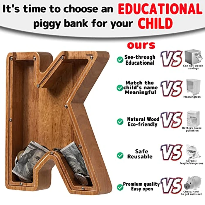 Piggy Bank for Kids Boys Girls, Wooden Large Letter Piggy Bank Alphabet Money Bank with Initial K, Coin Bank Fun Gifts for Birthday, Christmas, Festival, Baby Shower by ladenk - Image 4