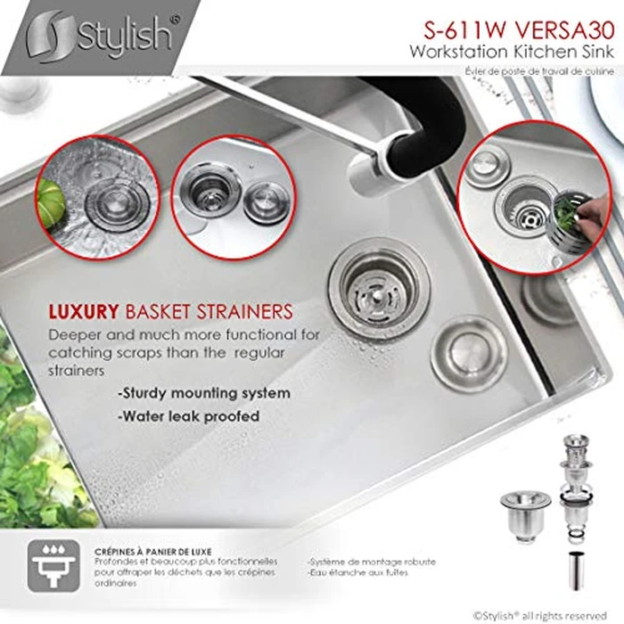 Stylish 30 x 19 Inch Workstation Sink 16G Stainless Steel Reversible 10 Inches Deep Single Bowl Undermount Kitchen Sink with Grid Basket Strainer Drying Rack Colander and Cutting Board, S-611W by Stylish - Image 7