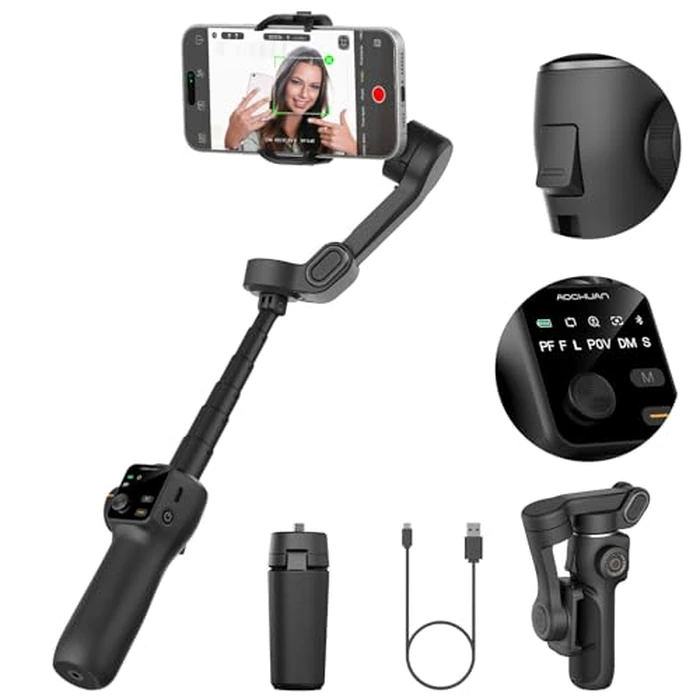 AOCHUAN 3-axis Gimbal Stabilizer w/Built-in 7.8' Extension Rod, Portable Phone Gimbal w/AI Tracking, Smartphone Stabilizer for iPhone w/Full-Screen OLED Display, Trigger Button Smart V8(Black) by AOCHUAN - Used - Very Good condition - CA$66.95