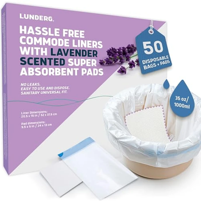 Lunderg Commode Liners with Absorbent Pads - Lavender Scent Medical Grade 50 Count Universal Fit - Disposable Bedside Commode Liners and Pads for Adult Chairs, Portable Buckets & Camping Toilet Bags by Lunderg - Used - Like New condition