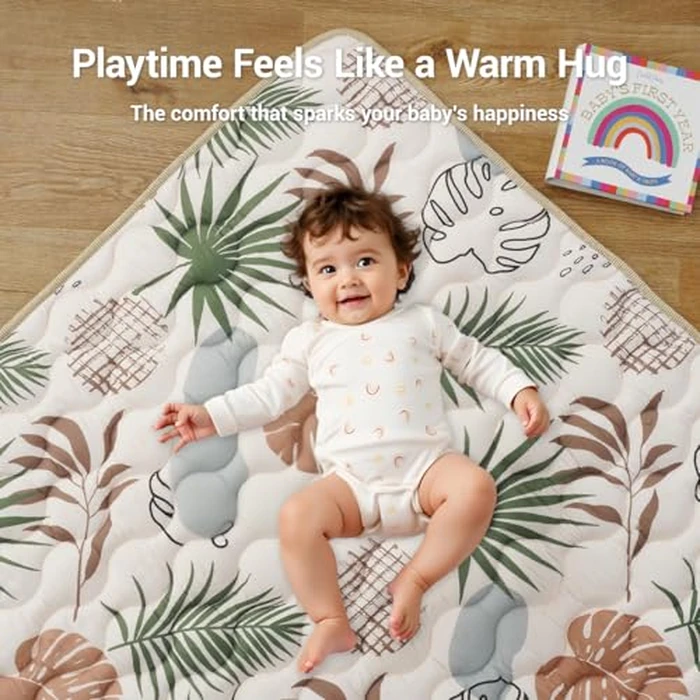 Bunnikins & Clover Baby Play Mat 71"x59", Extra Thicker & Large Baby Mat for Floor, Soft Non-Slip Cushioned Play Mats for Babies, Toddlers, Foldable and Washable Baby Play Mats (Beige Leaves) by Bunnikins & Clover - Image 4
