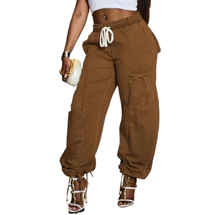 ThusFar Women's Baggy Cargo Jeans High Waisted Wide Leg Jogger Pants Drawstring Loose Harem Denim Pant Sweatpants Brown S by ThusFar - Used - Like New condition - US$49.58