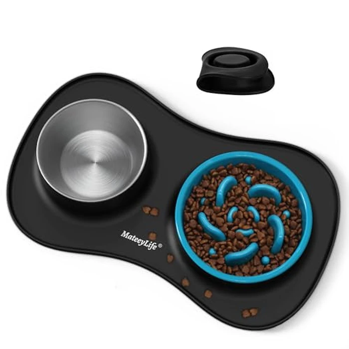 MateeyLife Dog Food and Water Bowl Set 3 in 1, Slow Feeder Dog Bowls & Stainless Steel Water Bowl with Non-Spill Silicone Mat, Cat and Puppy Bowls Pet Dishes for Small Medium Large Breed Anti-Choking by MateeyLife - Used - Very Good condition - US$11.99