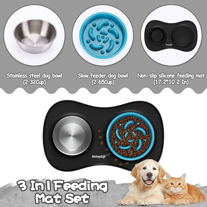 MateeyLife Dog Food and Water Bowl Set 3 in 1, Slow Feeder Dog Bowls & Stainless Steel Water Bowl with Non-Spill Silicone Mat, Cat and Puppy Bowls Pet Dishes for Small Medium Large Breed Anti-Choking by MateeyLife - Image 7