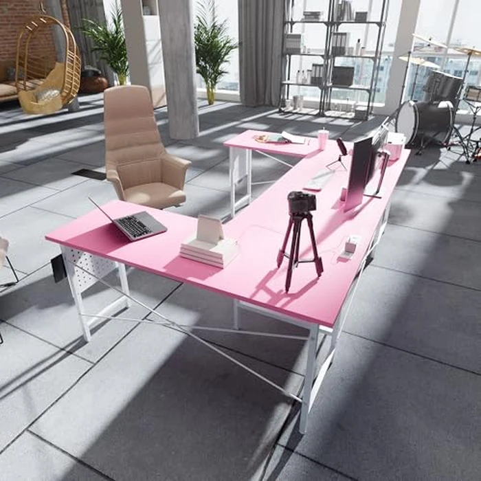 Pamray 71 Inch Large Computer Desk with Power Outlets,U Shaped Corner Desk for Home Office Work and Gaming Pink by PAMRAY - Image 6