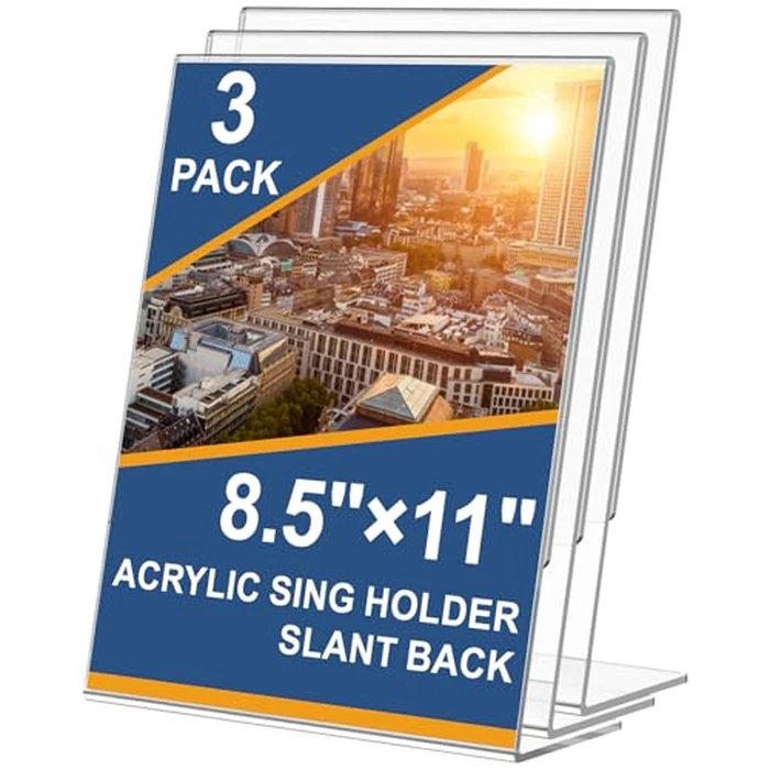 3 Pack Acrylic Sign Holder 8.5 x 11, Slant Back Acrylic Stands for Displaying, L-Shape Clear Plastic Sign Stand Frames, Unbreakable Table Menu Holder Flyer Document Stands for Restaurant, Office, School, Store by Seencool - Image 1