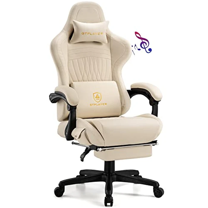 GTPLAYER Gaming Chair, Computer Chair with Footrest and Bluetooth Speakers, High Back Ergonomic Music Gamer Chair, Reclining Game Chair with Linkage Armrests for Adults and Kids (Ivory) by GTPLAYER - Image 1