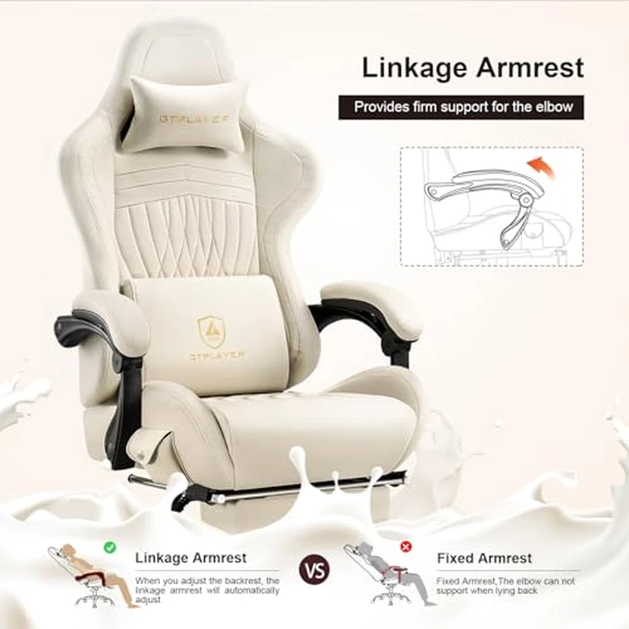 GTPLAYER Gaming Chair, Computer Chair with Footrest and Bluetooth Speakers, High Back Ergonomic Music Gamer Chair, Reclining Game Chair with Linkage Armrests for Adults and Kids (Ivory) by GTPLAYER - Image 3