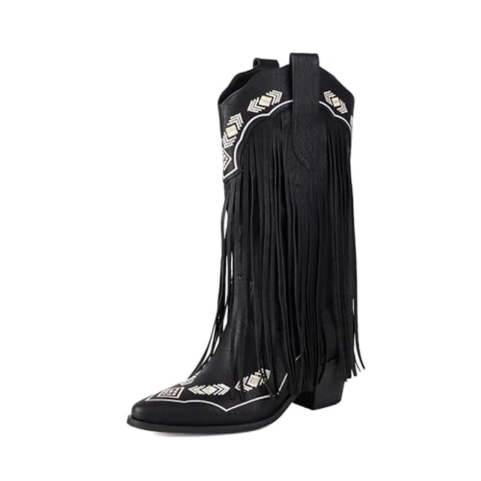 AIJIVOU Embroidered Fringe Cowboy Boots for Women, Pull On Mid Calf Chunky Block Heel Pointed Toe Western Cowgirl Boots Riding Country Boot Retro Boots (black, 12 M US) by AIJIVOU - Image 1