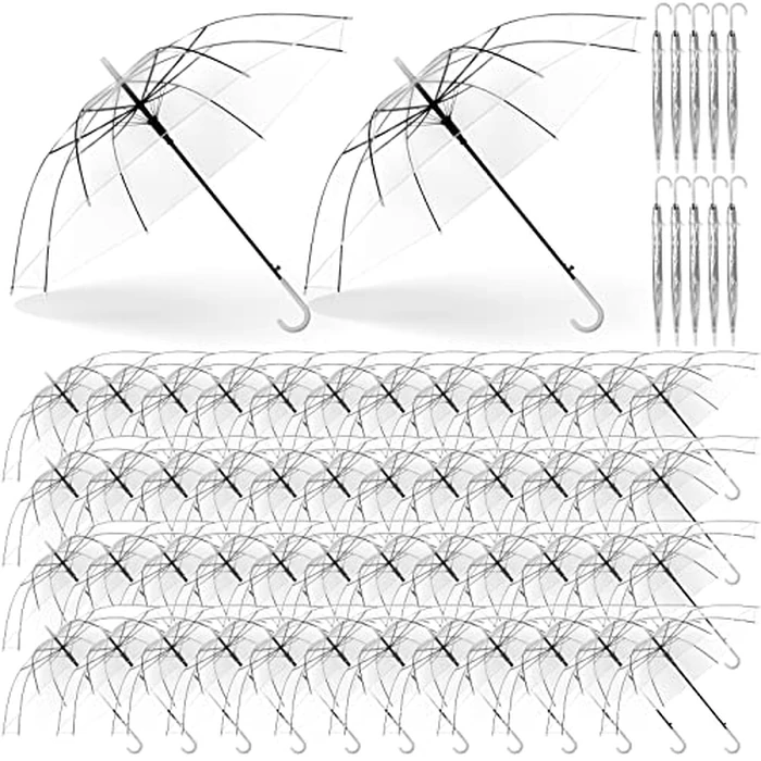 Reginary 60 Pack Clear Wedding Umbrellas Bulk Transparent Auto Open Stick Windproof Waterproof Large Canopy Umbrella with White European J Hook Handle for Wedding Bride Groom Photography Golf by Reginary - Used - Like New condition