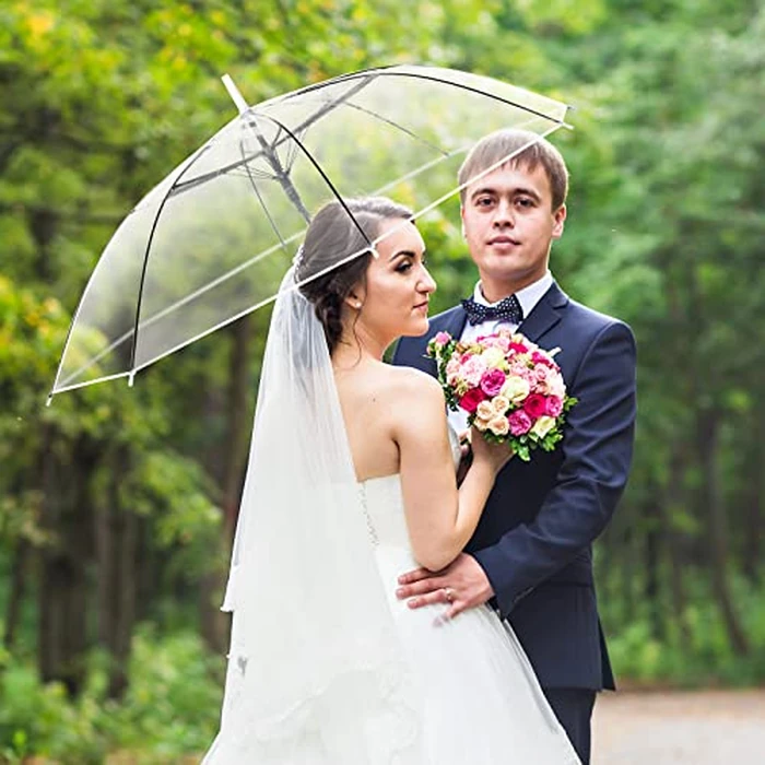 Reginary 60 Pack Clear Wedding Umbrellas Bulk Transparent Auto Open Stick Windproof Waterproof Large Canopy Umbrella with White European J Hook Handle for Wedding Bride Groom Photography Golf by Reginary - Image 6