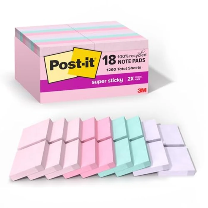 Post-it 100% Recycled Paper Super Sticky Notes, 18 Sticky Note Pads, 1 7/8 in. x 1 7/8 in., Wanderlust Pastels Collection, New Year Organization or Second Semester School Supplies by Post-It - Used - Very Good condition