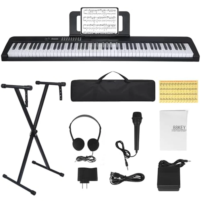 88 Key Piano Keyboard, Electric Digital Piano with Semi Weighted Keys, Keyboard Piano with Sustain Pedal, Power Supply, Stand, Carrying Case, Headphones, USB-MIDI Compatibility, for Beginner Adults by Qerewf - Image 1