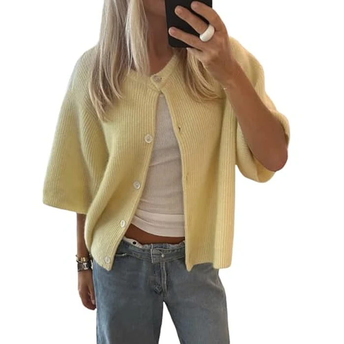 Women Y2K Cardigan Sweater Short Sleeve Button Down Ribbed Knit Crop Top Fall Winter Going Out Sweater (Light Yellow, L) by KMBANGI - Image 1