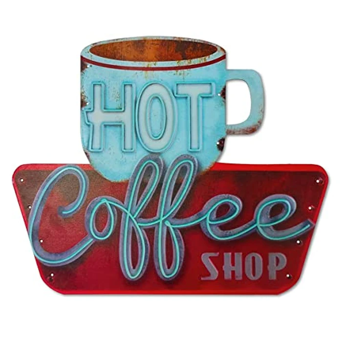 QMARK Vintage Tin Sign, Hot Coffee Shop, Embossed Metal Sign, Retro Metal Wall Decor,Wall Hanging Sign for Apartment,Home, Kitchen, Bar or Cafe Wall Decoration - 14 x 11.5 Inches by QMARK - Used - Acceptable condition - US$13.42