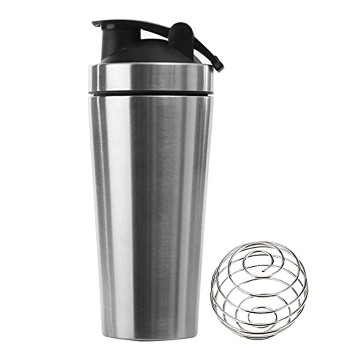 Large-Capacity Shaker Insulated Stainless Steel Water Bottle with Metal Whisk, Whey Protein Powder Sports Milkshake Bottle, Fitness Nutrition Mixing Cup, Silver, 1 liter by NC - Used - Very Good condition