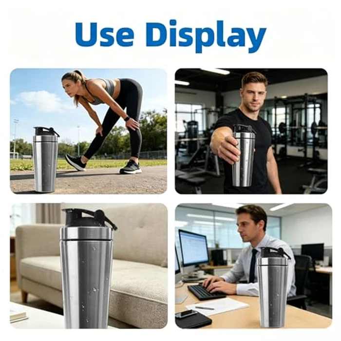 Large-Capacity Shaker Insulated Stainless Steel Water Bottle with Metal Whisk, Whey Protein Powder Sports Milkshake Bottle, Fitness Nutrition Mixing Cup, Silver, 1 liter by NC - Image 4