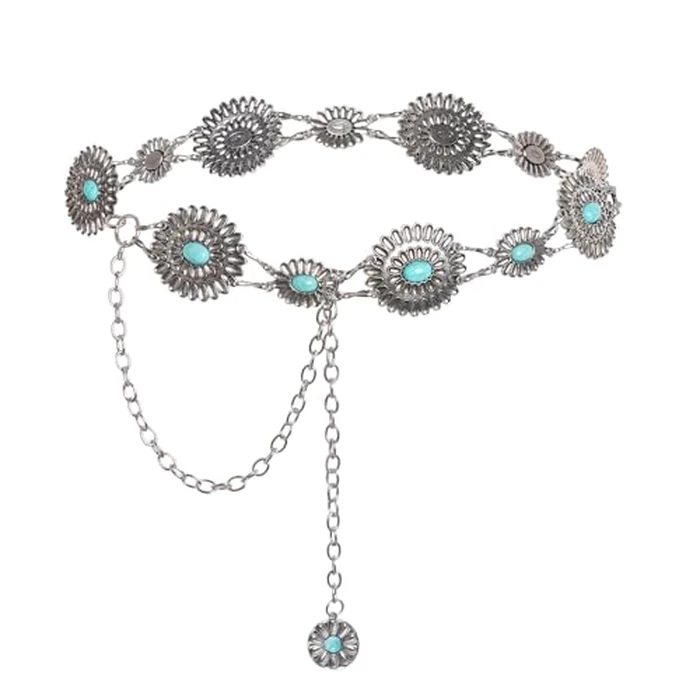 Topbuti Western Metal Oval Concho Chain Belt for Women Cowgirl Turquoise Waist Chain Belt for Dresses Jeans Western (Green) by Topbuti - Image 1