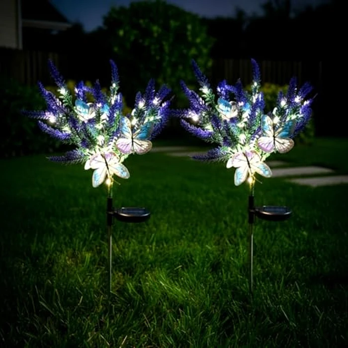 enjoydeal Solar Garden Decor Lights Outdoor, Lavender Butterfly Flower Stakes Light, 2 Pack Waterproof LED Flower Lights, for Garden Pathway Patio Backyard Landscape (Warm White) by enjoydeal - Image 2