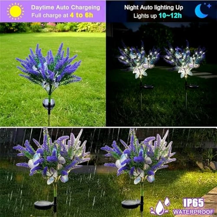 enjoydeal Solar Garden Decor Lights Outdoor, Lavender Butterfly Flower Stakes Light, 2 Pack Waterproof LED Flower Lights, for Garden Pathway Patio Backyard Landscape (Warm White) by enjoydeal - Image 3