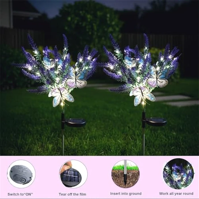 enjoydeal Solar Garden Decor Lights Outdoor, Lavender Butterfly Flower Stakes Light, 2 Pack Waterproof LED Flower Lights, for Garden Pathway Patio Backyard Landscape (Warm White) by enjoydeal - Image 6