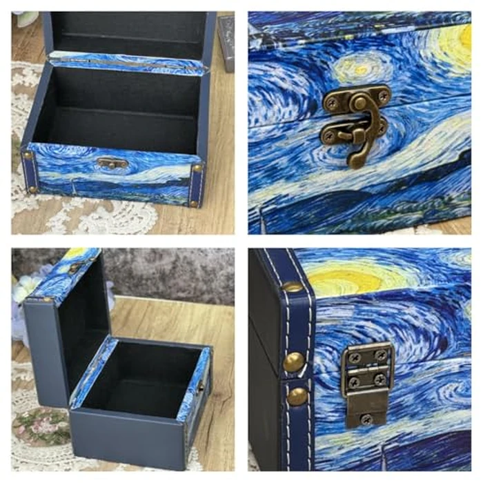 Amedoo Treasure Box Vintage Wooden + PU Leather Decorative Storage Boxes Trinket Jewelry Box Memento Case Box Keepsake Box With Lids Gifts For Kids Girls Women Home Decor (Starry Night) by Amedoo - Image 3