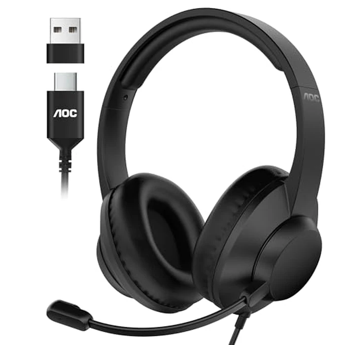 AOC USB Headset with Microphone for PC, Over-Ear Wired Headphones with Mic, Noise-Cancelling Boom, 40mm Audio Drivers, USB-A/C Compatibility for Office, Call Centers & Online Meetings (Black) by AOC - Used - Very Good condition