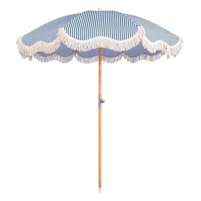 Funsite 6.5ft Boho Beach Umbrella with Fringe, UPF 50+ Tassel Umbrellas with Carry Bag, Premium Wood Pole Foldable Patio Umbrella for Outdoor Holiday Garden Lawn Pool Yard Table, Blue Stripe by Funsite - Used - Like New condition - US$81.90