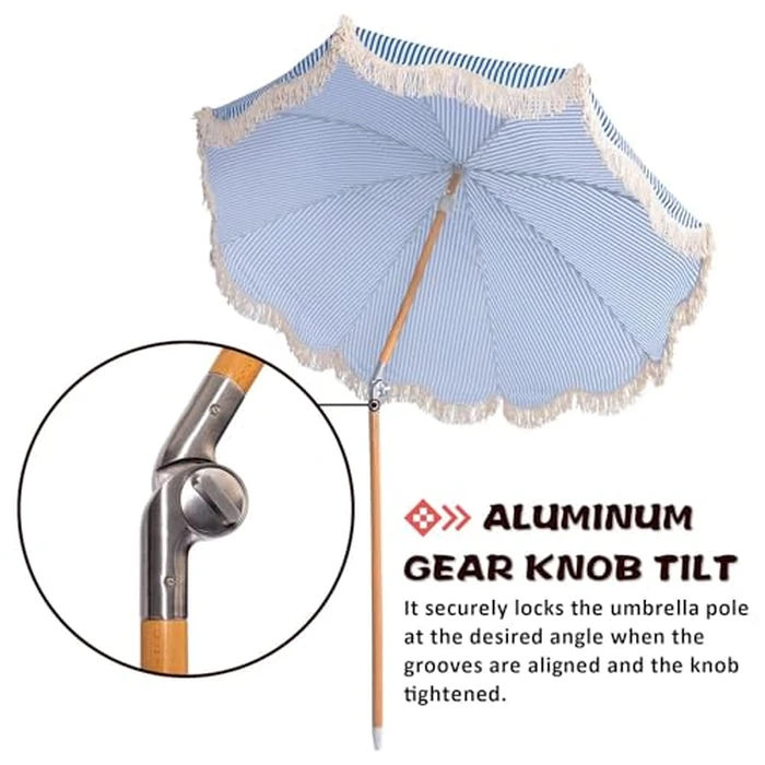 Funsite 6.5ft Boho Beach Umbrella with Fringe, UPF 50+ Tassel Umbrellas with Carry Bag, Premium Wood Pole Foldable Patio Umbrella for Outdoor Holiday Garden Lawn Pool Yard Table, Blue Stripe by Funsite - Image 4