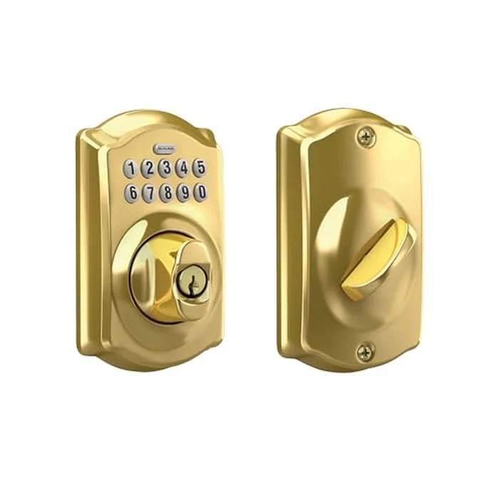 Schlage Camelot Electronic Keypad Deadbolt Lock, Keyless Front Door Entry, Mechanical Key Backup Included, Bright Brass, BE365 CAM 505 by SCHLAGE - Image 1